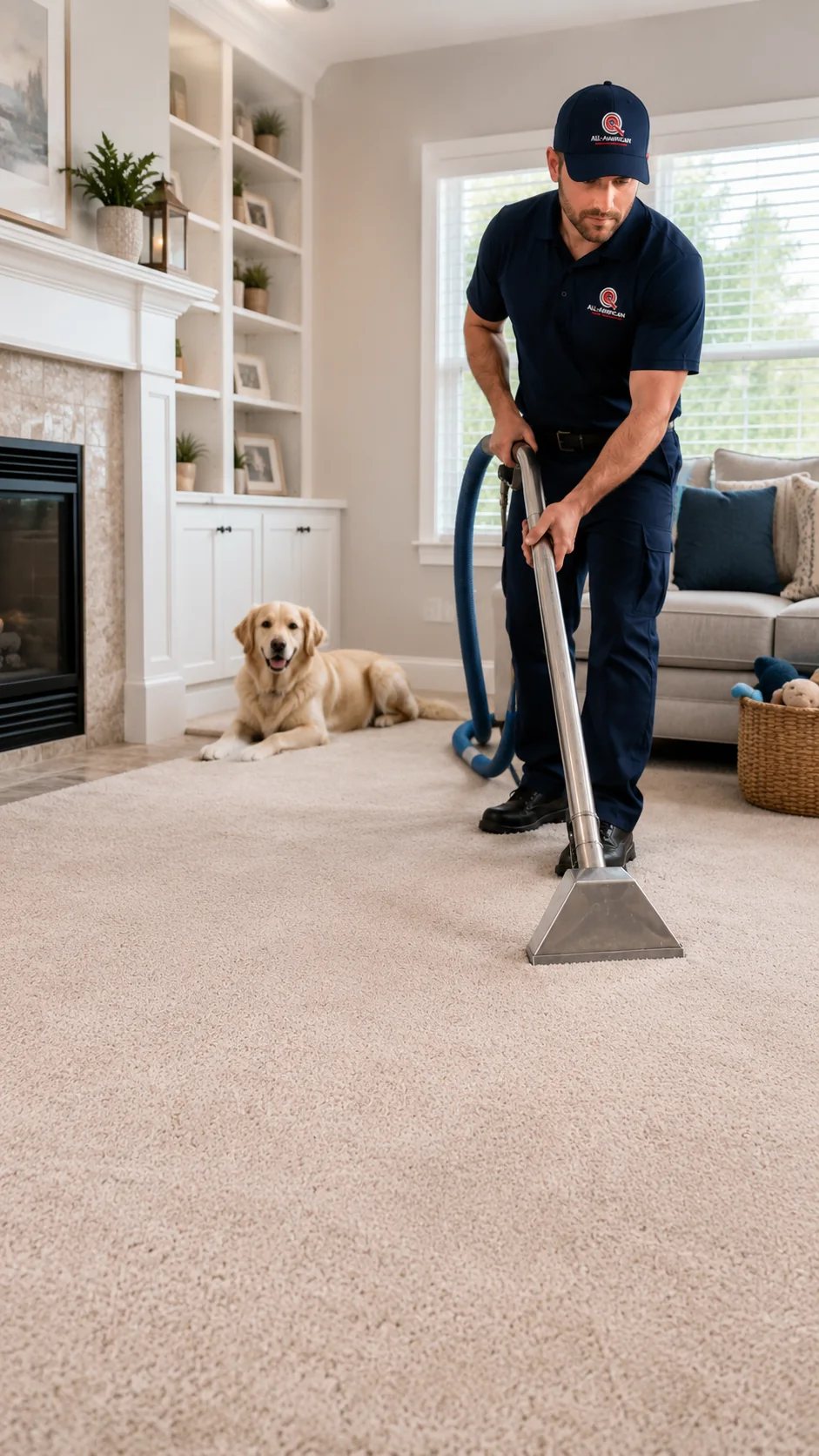 Technician cleaning carpet while a golden retriever relaxes nearby
