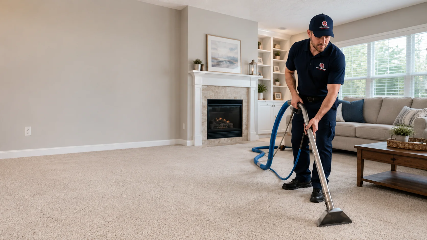 Uniformed technician steam-cleaning a living-room carpet
