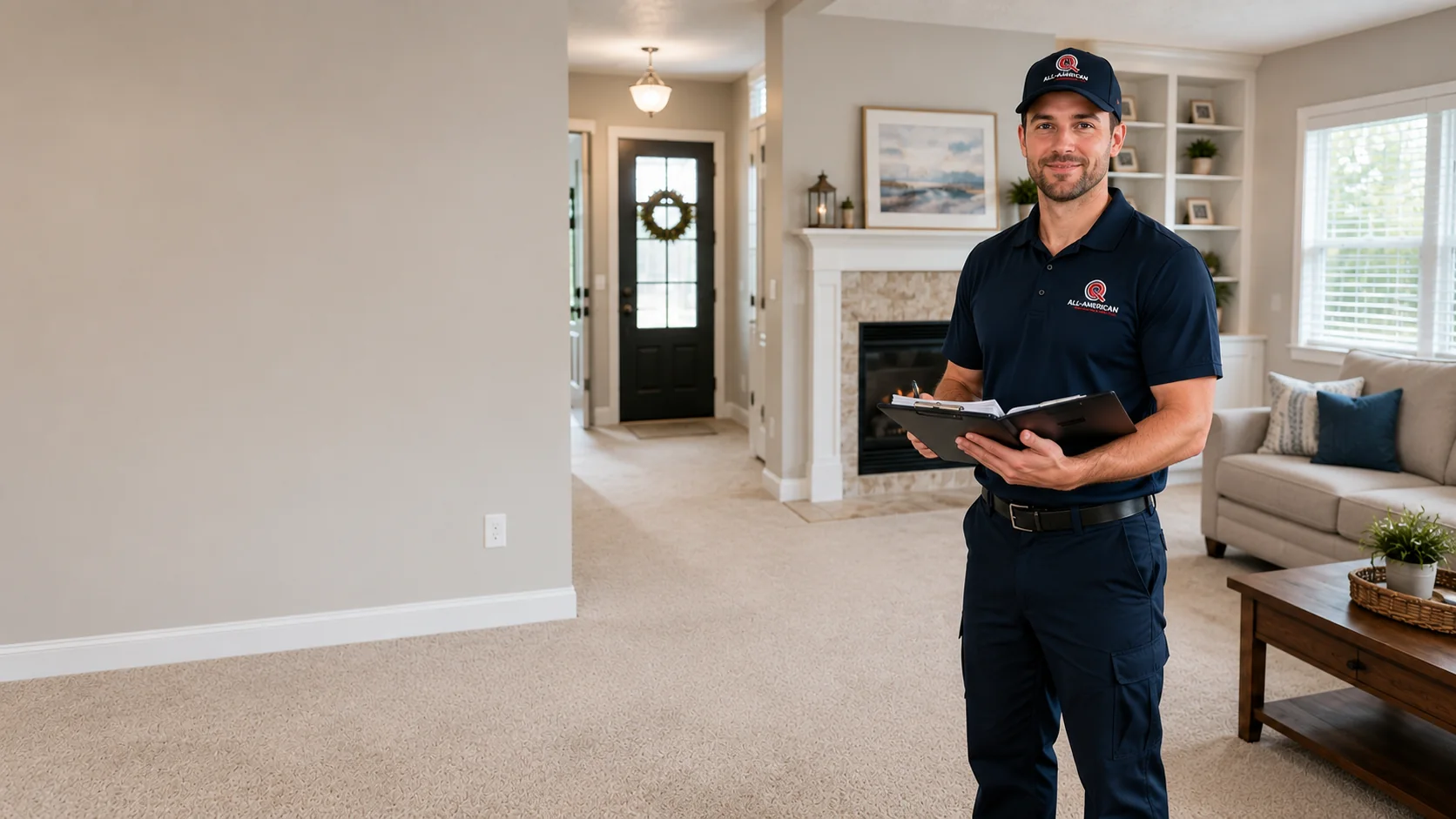 Technician reviewing a written service plan in a living room