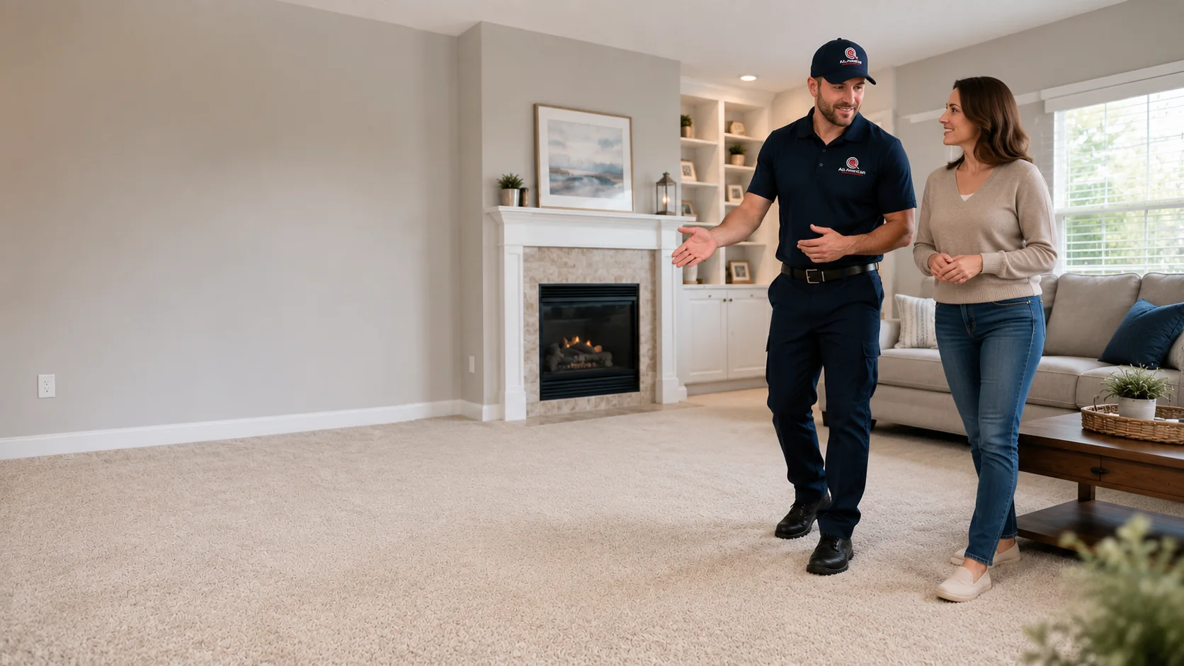 Technician walking a homeowner through a freshly cleaned room