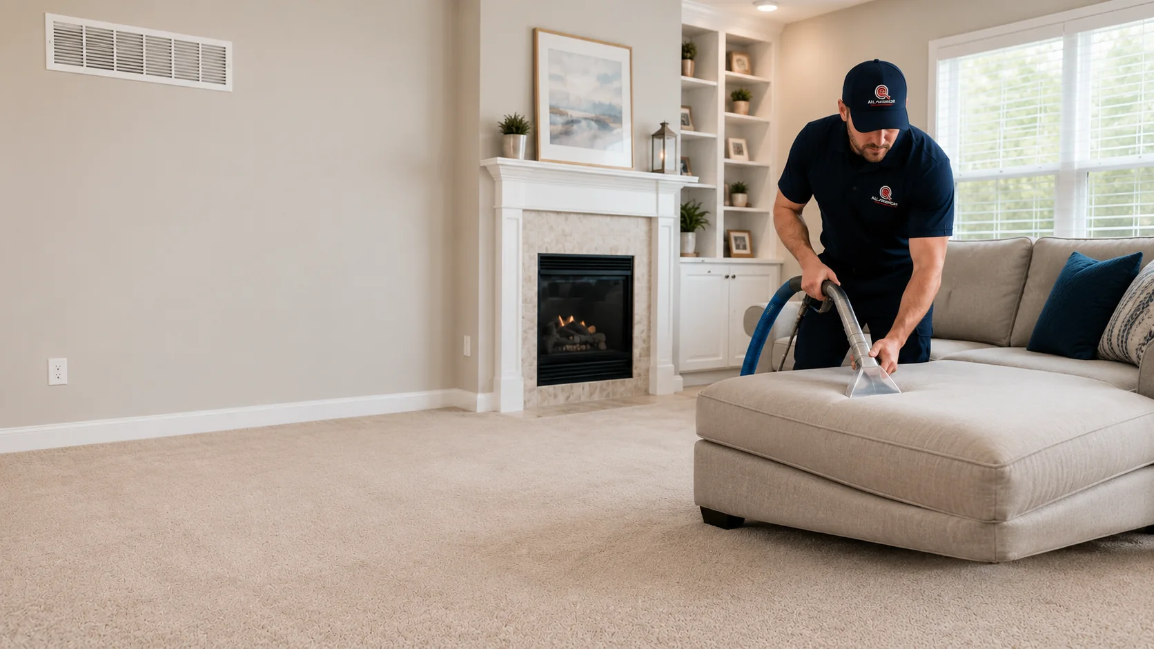 Technician extraction-cleaning upholstery in a family room