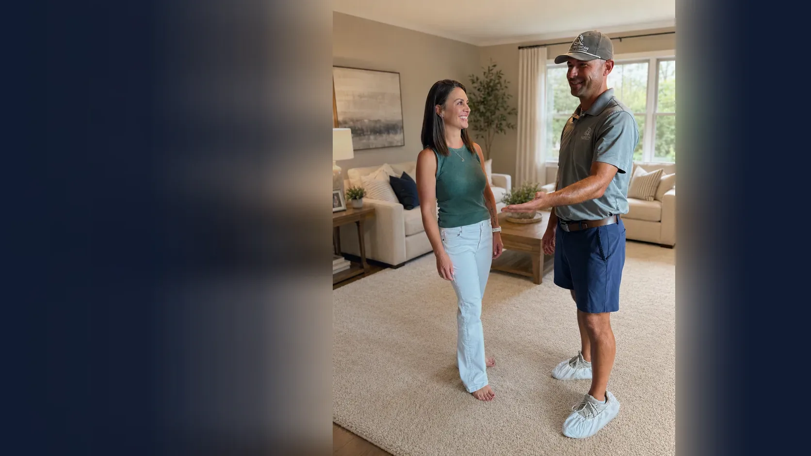 Technician talking with a homeowner in a living room